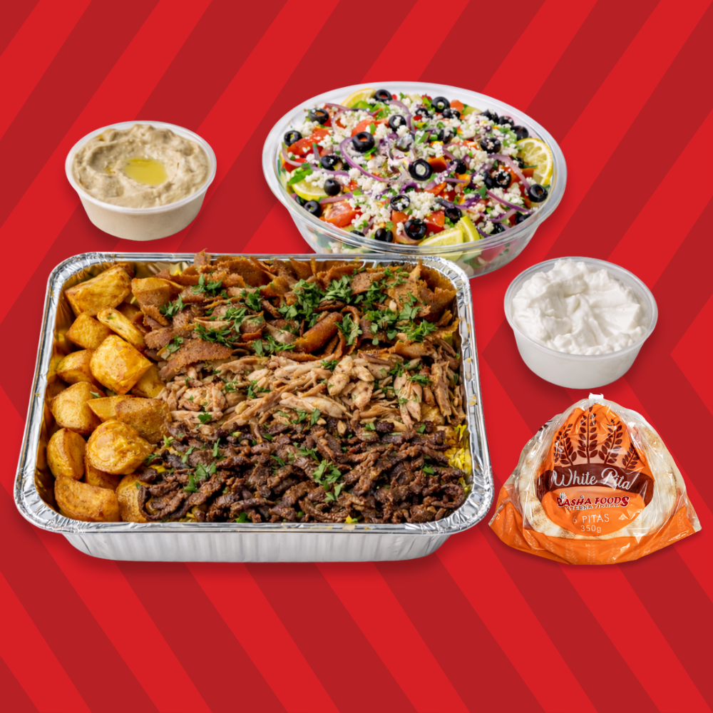 Shawarma Family Meal with Garlic Sauce, Hummus, Salad & Basha Pita Bread